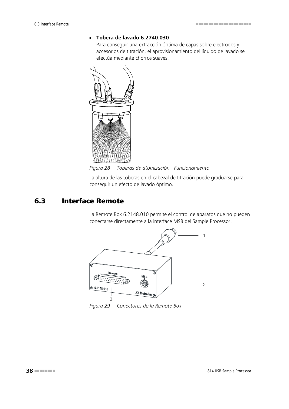 3 interface remote, Interface remote, Figura 28 | Toberas de atomización - funcionamiento, Figura 29, Conectores de la remote box | Metrohm 814 USB Sample Processor User Manual | Page 46 / 91