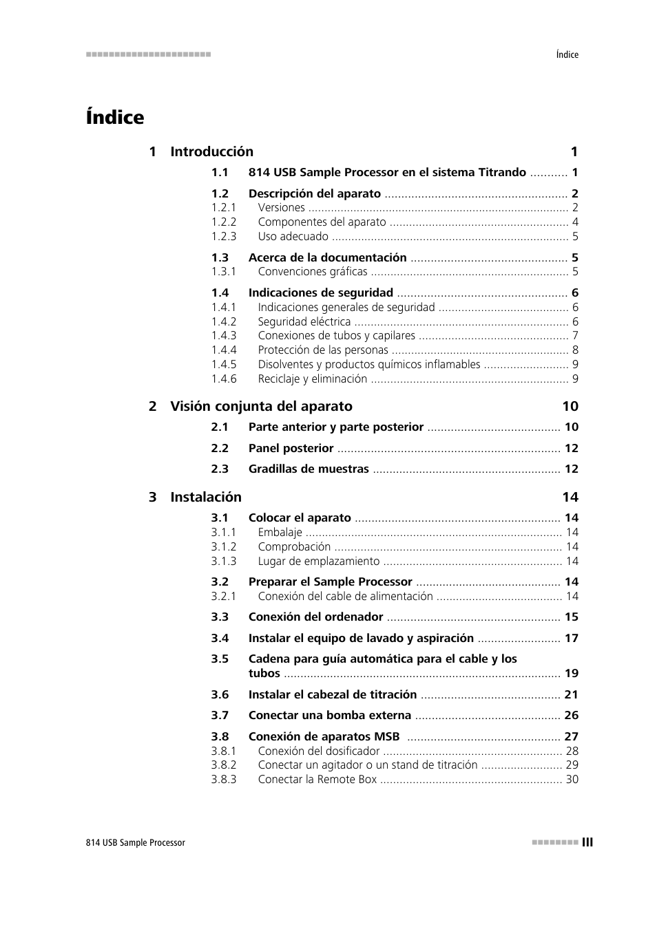Índice | Metrohm 814 USB Sample Processor User Manual | Page 5 / 91
