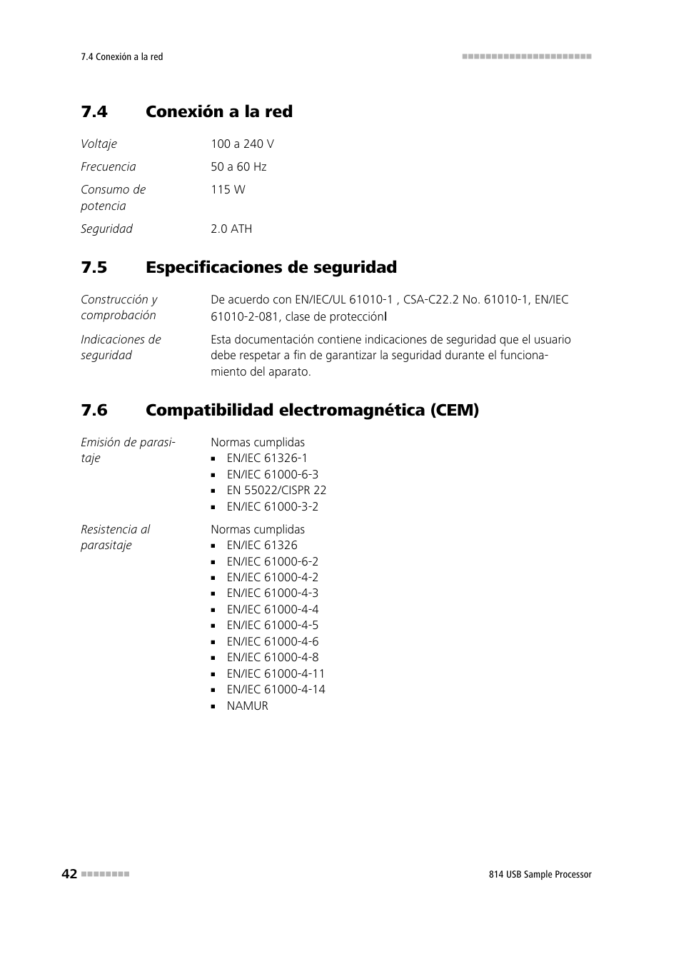 4 conexión a la red, 5 especificaciones de seguridad, 6 compatibilidad electromagnética (cem) | Conexión a la red, Especificaciones de seguridad, Compatibilidad electromagnética (cem) | Metrohm 814 USB Sample Processor User Manual | Page 50 / 91