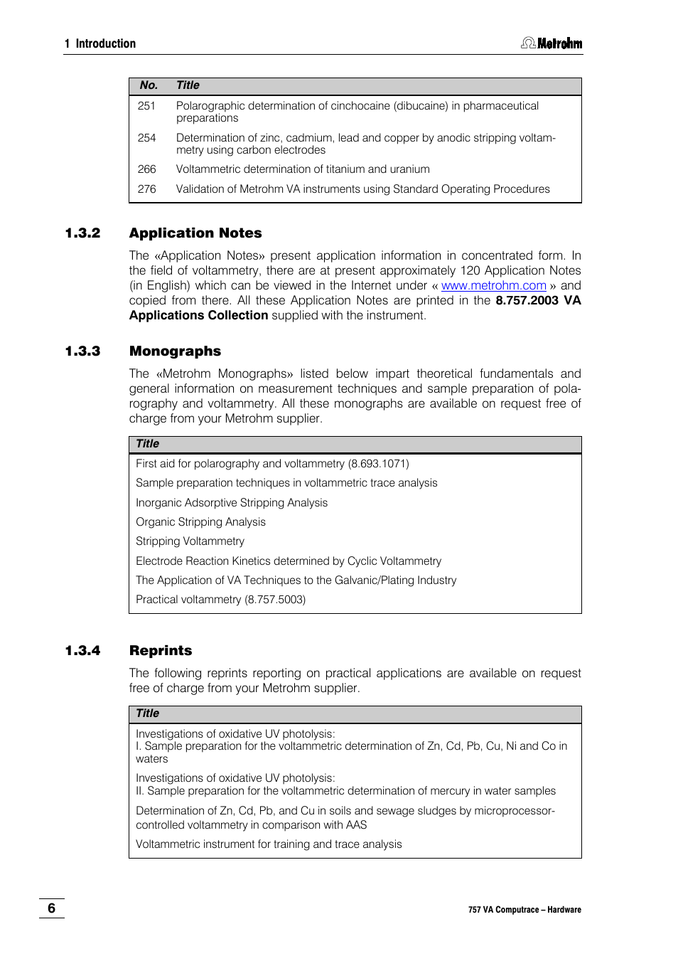 2 application notes, 3 monographs, 4 reprints | Metrohm 757 VA Computrace User Manual | Page 10 / 82