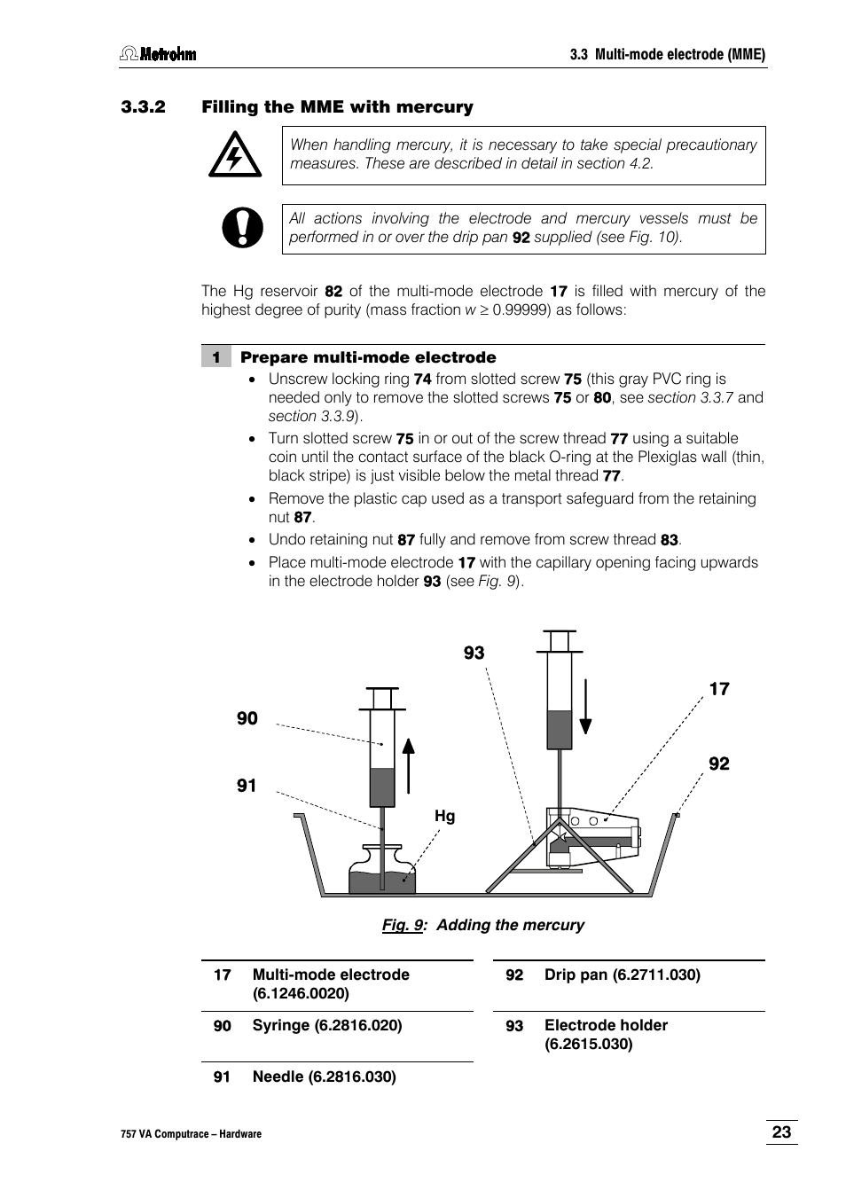 2 filling the mme with mercury | Metrohm 757 VA Computrace User Manual | Page 27 / 82