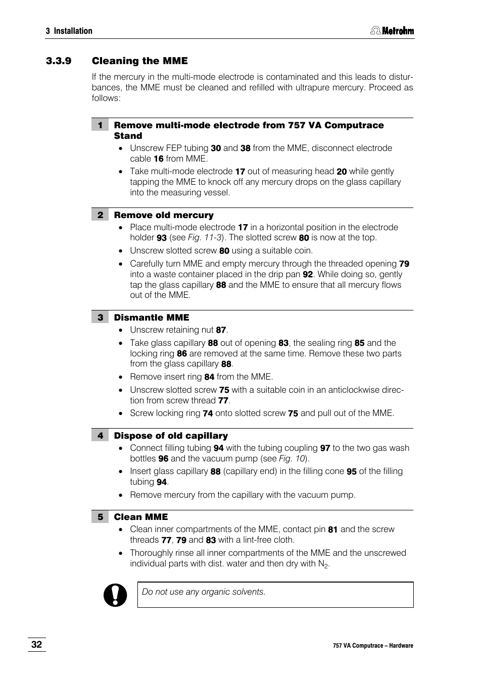 9 cleaning the mme | Metrohm 757 VA Computrace User Manual | Page 36 / 82