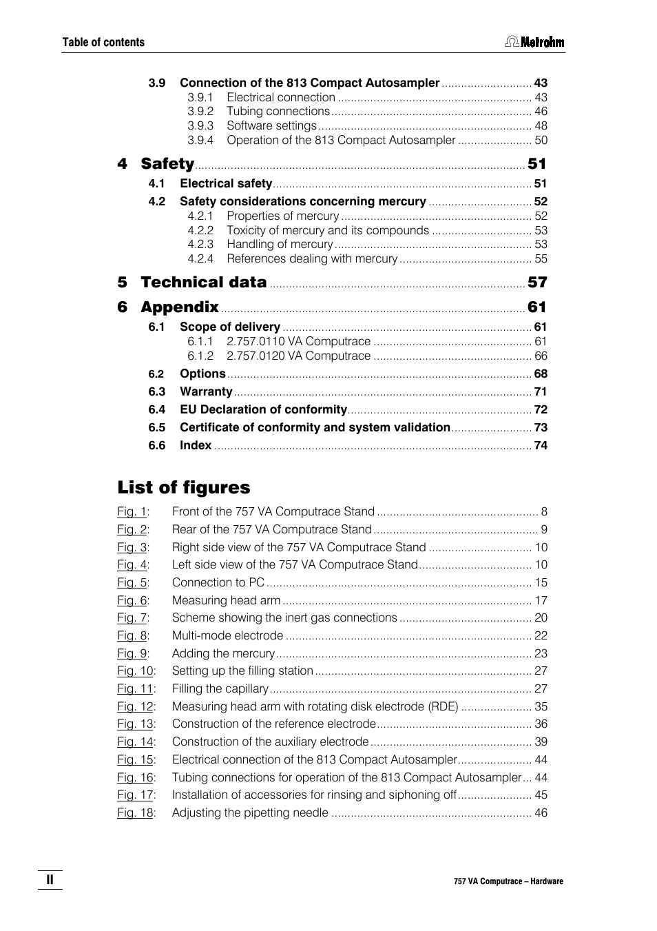 List of figures, Safety, Technical data | Appendix | Metrohm 757 VA Computrace User Manual | Page 4 / 82