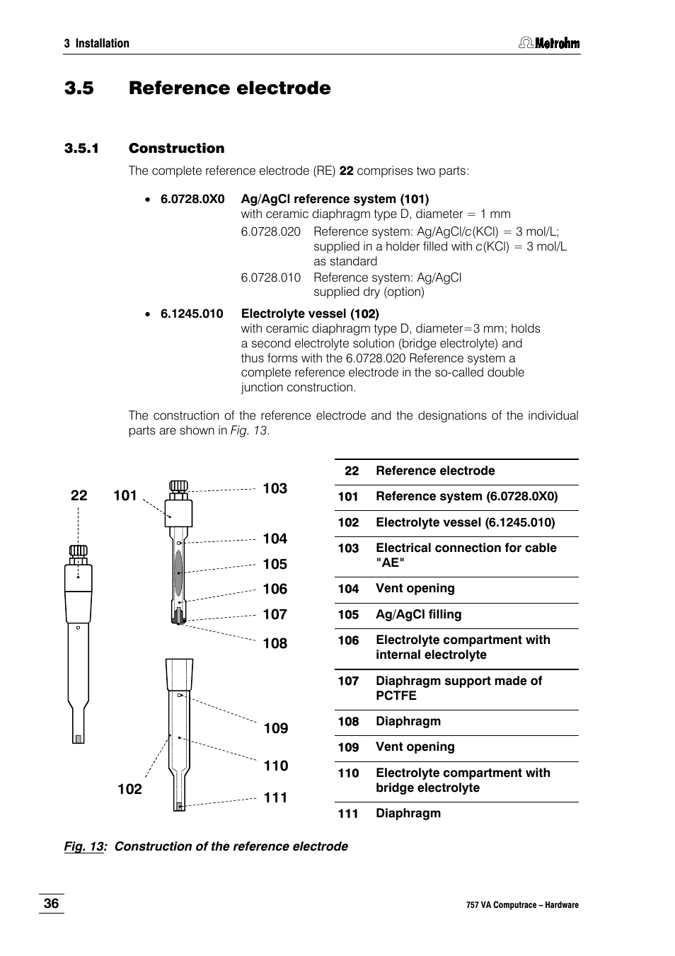 5 reference electrode, 1 construction | Metrohm 757 VA Computrace User Manual | Page 40 / 82