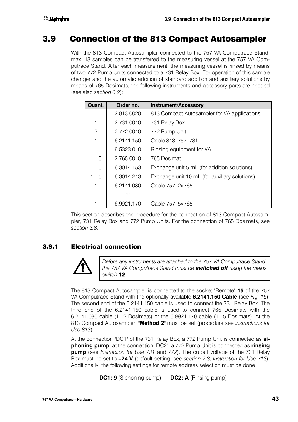 9 connection of the 813 compact autosampler, 1 electrical connection | Metrohm 757 VA Computrace User Manual | Page 47 / 82