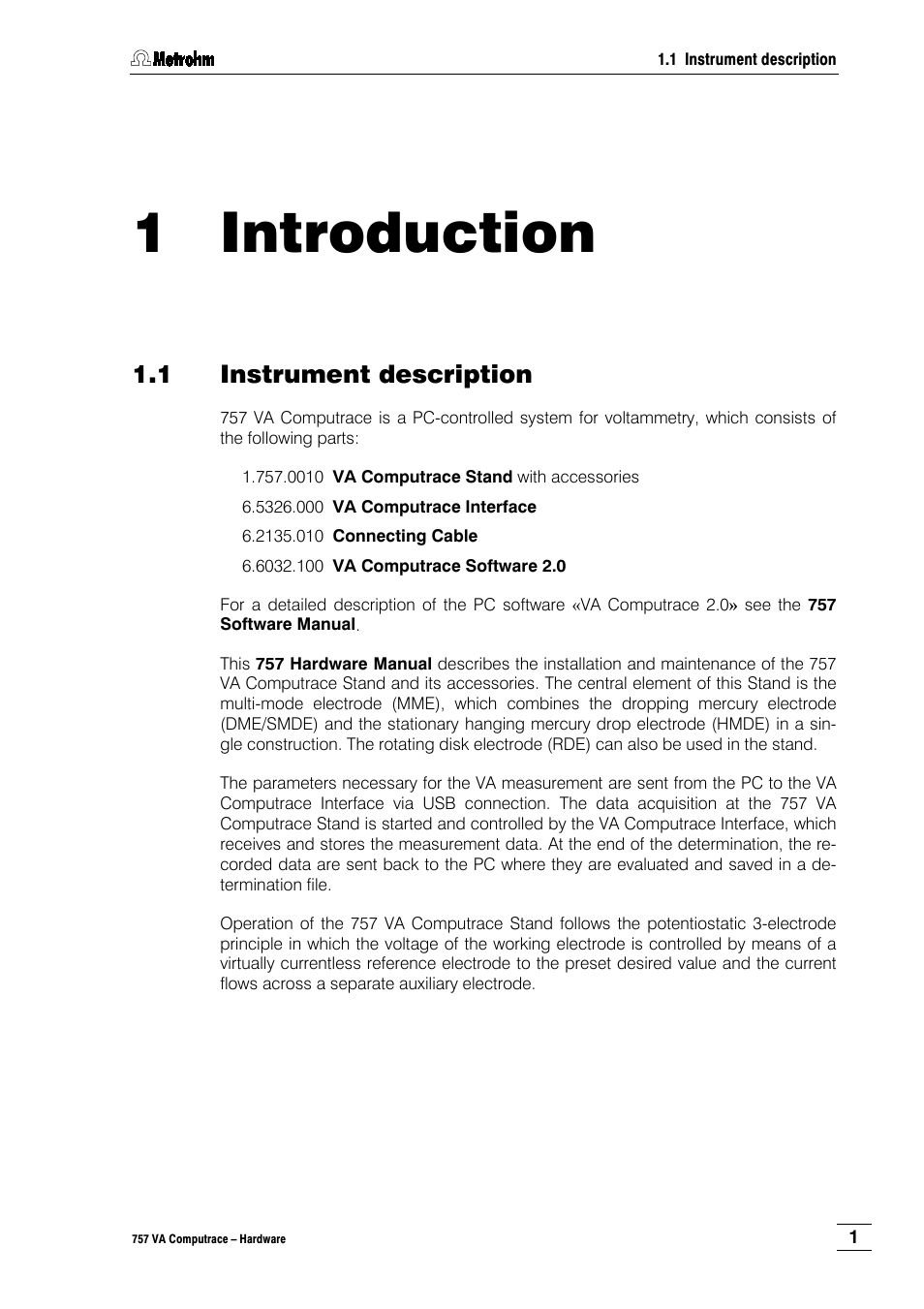 1 introduction, 1 instrument description | Metrohm 757 VA Computrace User Manual | Page 5 / 82