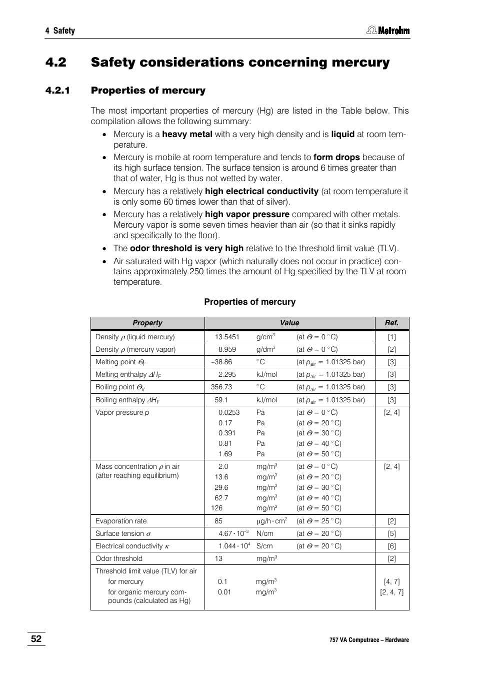 2 safety considerations concerning mercury, 1 properties of mercury | Metrohm 757 VA Computrace User Manual | Page 56 / 82