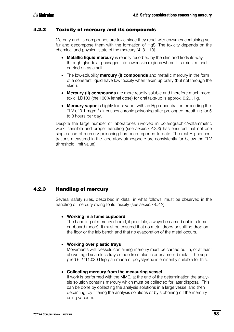 2 toxicity of mercury and its compounds, 3 handling of mercury | Metrohm 757 VA Computrace User Manual | Page 57 / 82