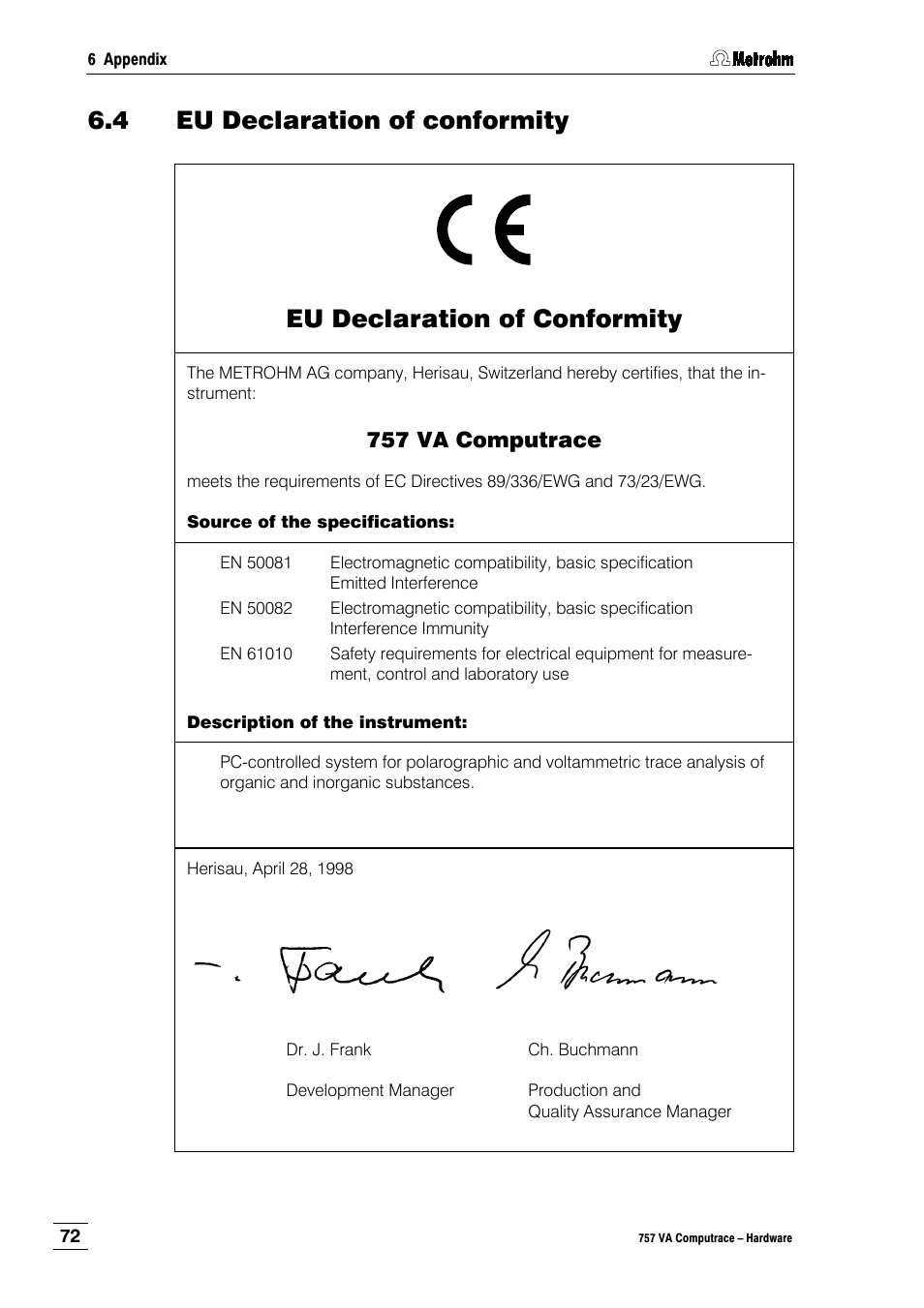 4 eu declaration of conformity, Eu declaration of conformity, 757 va computrace | Metrohm 757 VA Computrace User Manual | Page 76 / 82