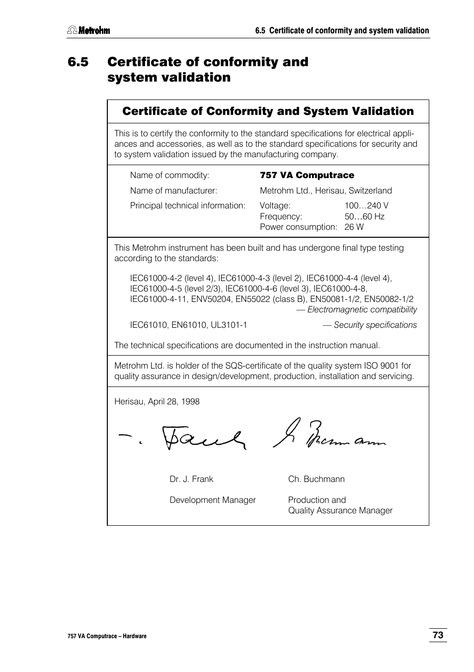 5 certificate of conformity and system validation, Certificate of conformity and system validation | Metrohm 757 VA Computrace User Manual | Page 77 / 82