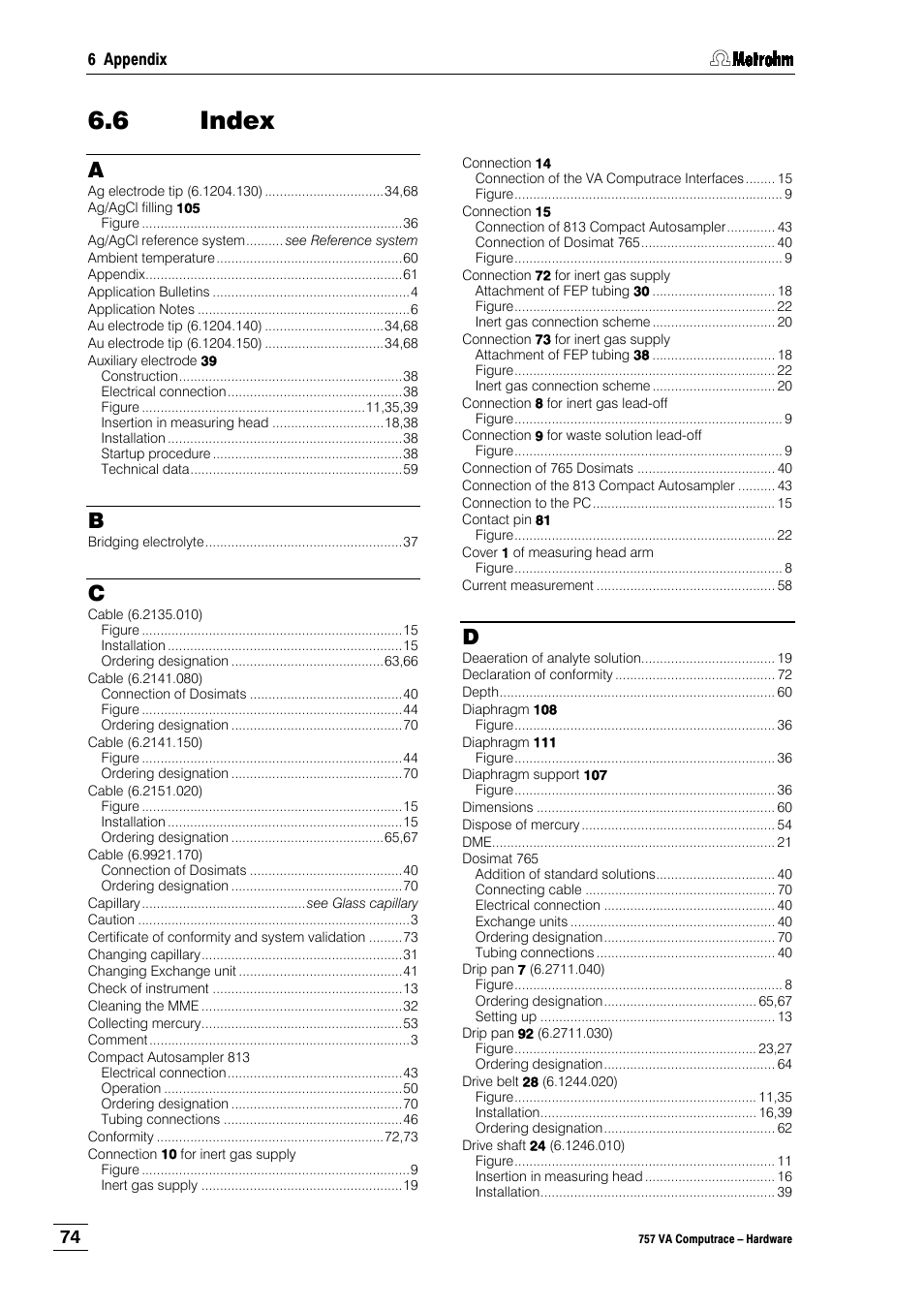6 index | Metrohm 757 VA Computrace User Manual | Page 78 / 82