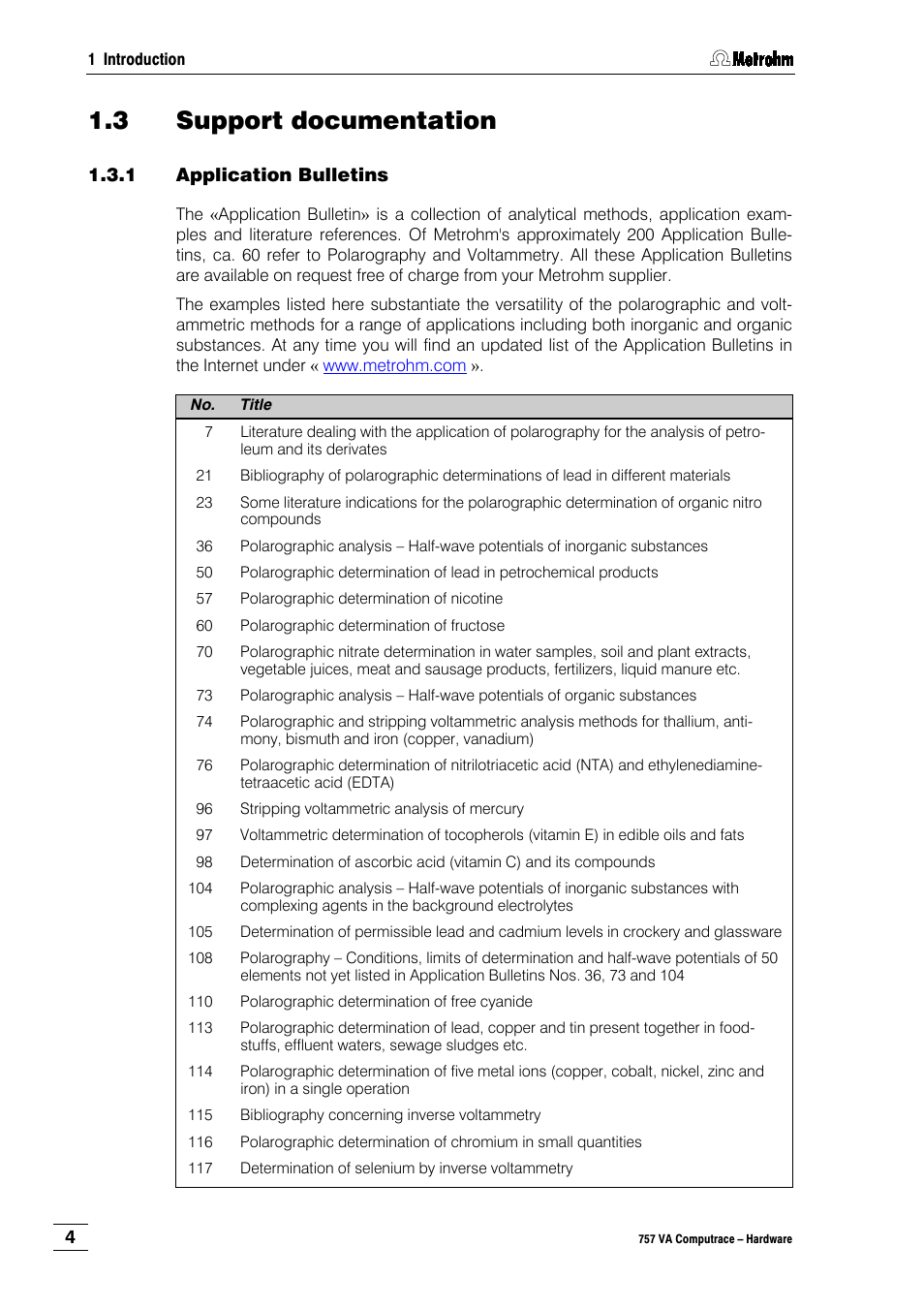 3 support documentation, 1 application bulletins | Metrohm 757 VA Computrace User Manual | Page 8 / 82