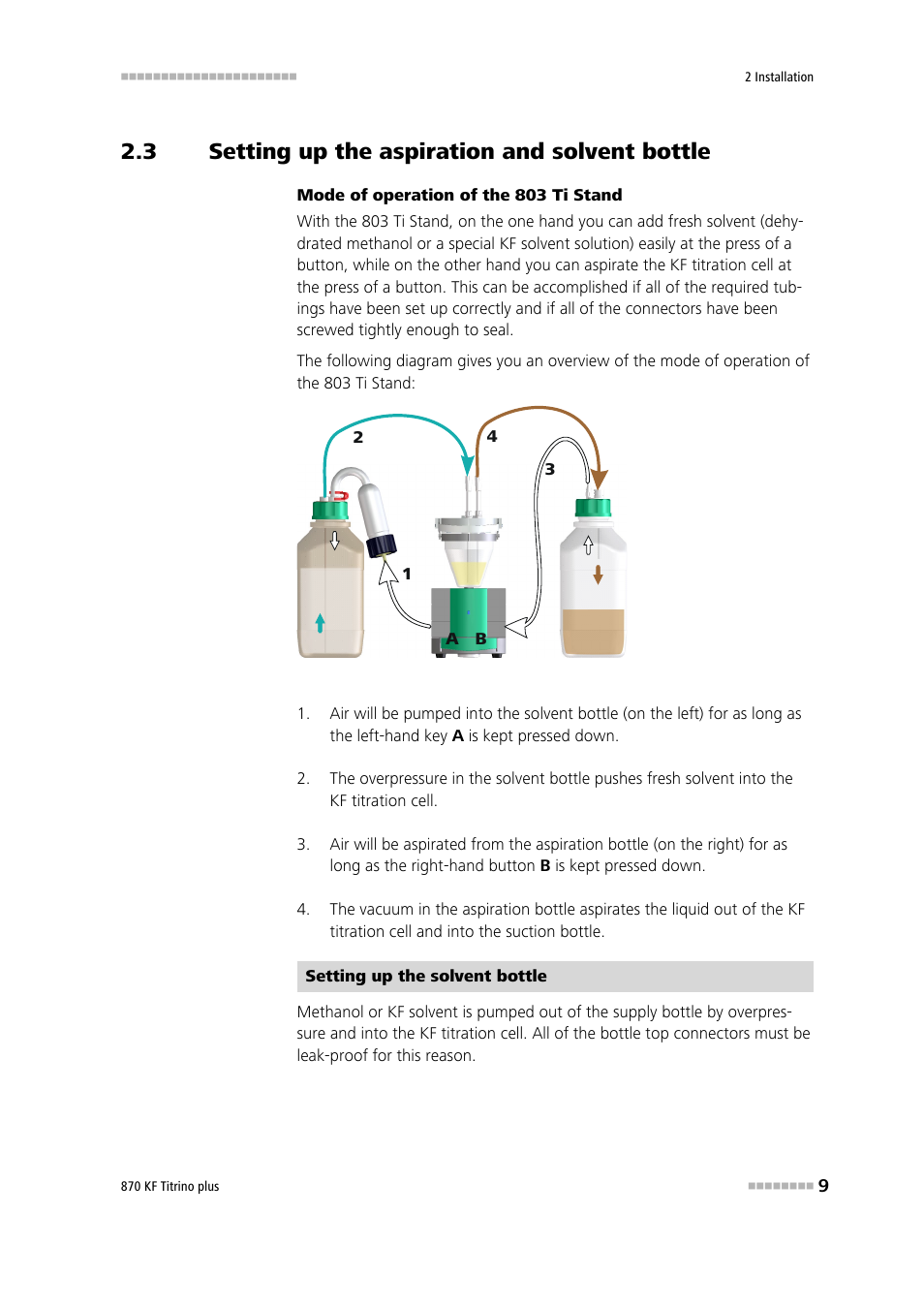 3 setting up the aspiration and solvent bottle, Setting up the aspiration and solvent bottle | Metrohm 870 KF Titrino plus Installation User Manual | Page 15 / 44