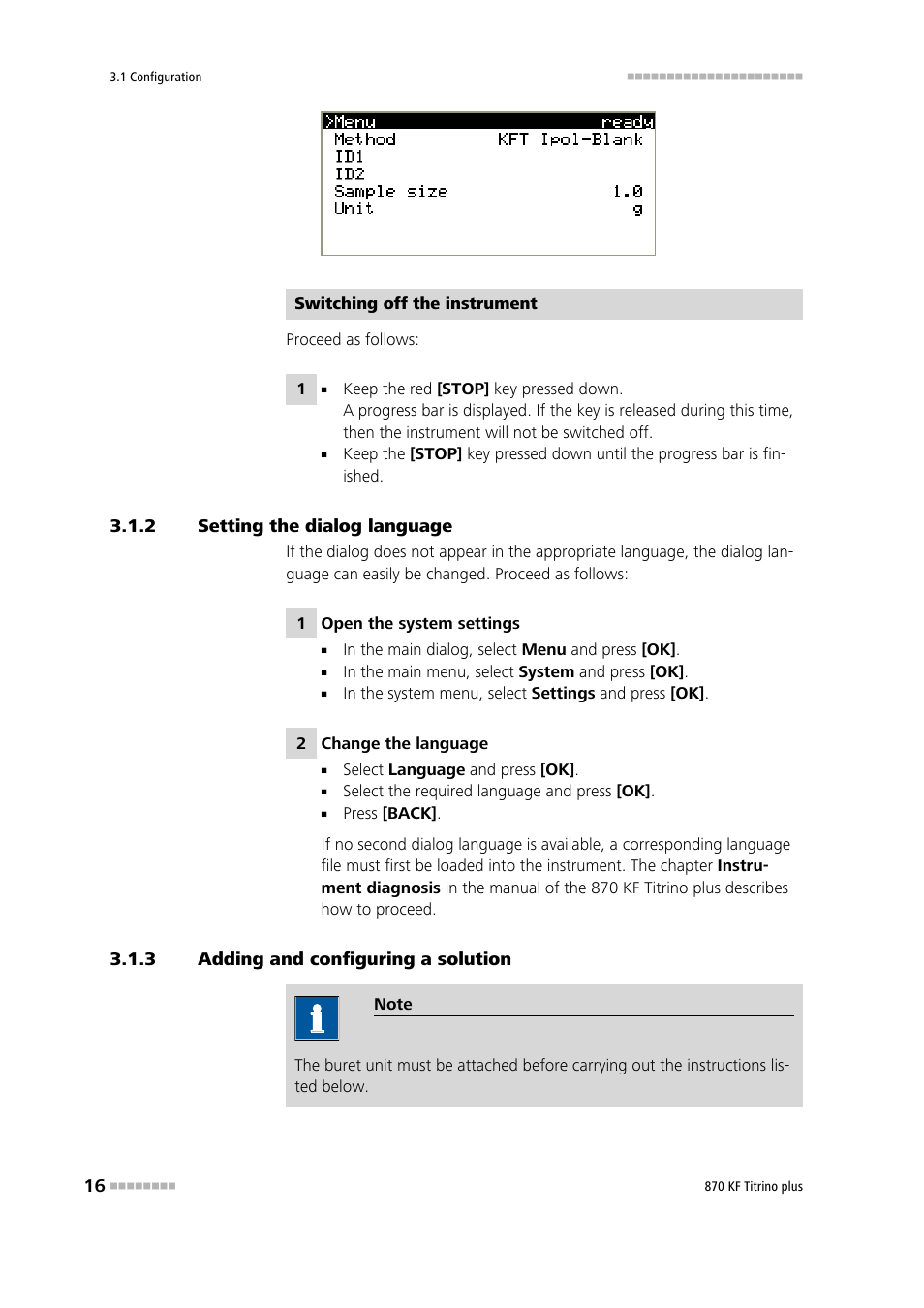 2 setting the dialog language, 3 adding and configuring a solution, Setting the dialog language | Adding and configuring a solution | Metrohm 870 KF Titrino plus Installation User Manual | Page 22 / 44
