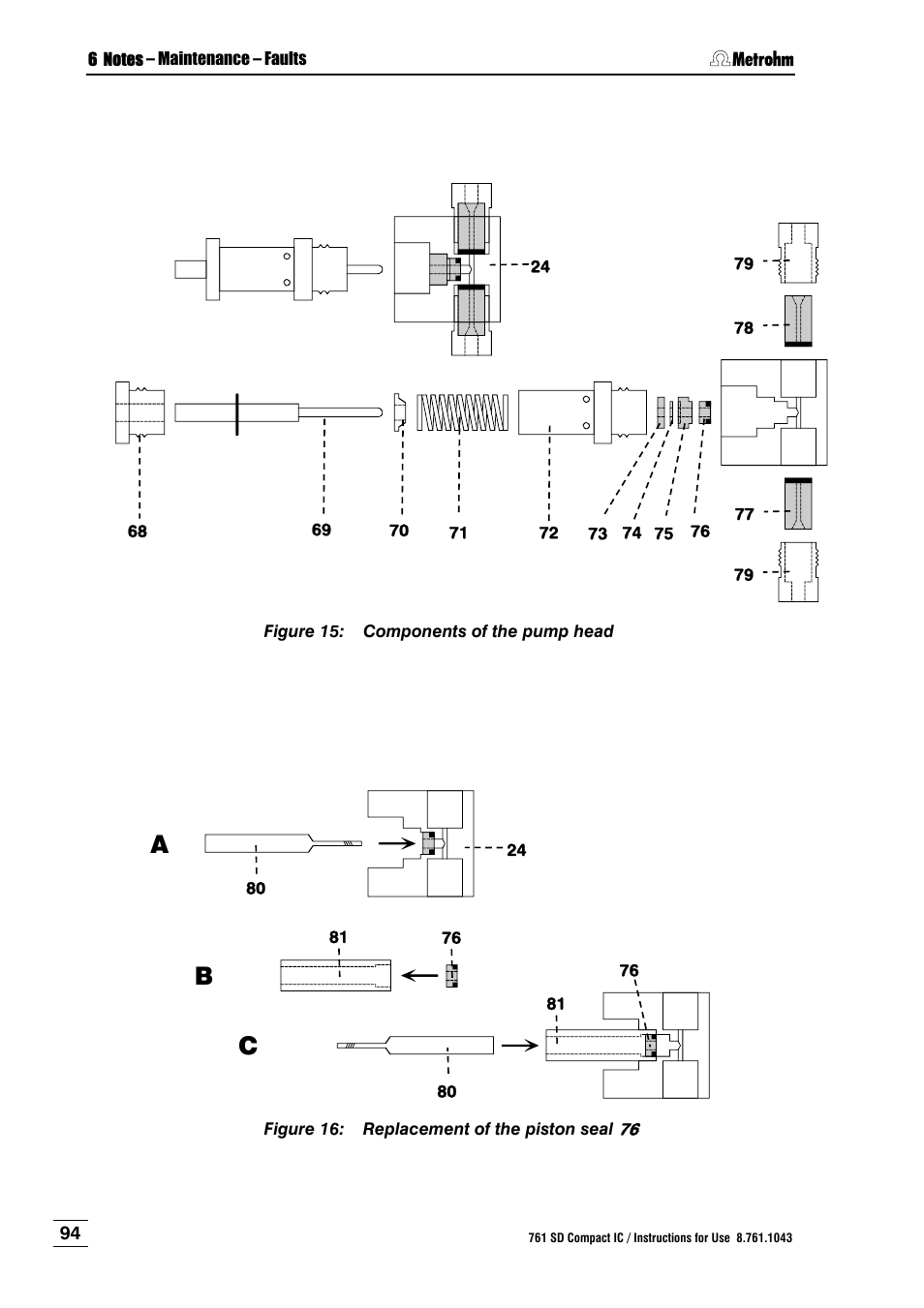 Figure 15, Components of the pump head, Figure 16 | Replacement of the piston seal 76, Cordance with figure 15, Pulled out (see figure 16a, Ab c | Metrohm 761 SD Compact IC User Manual | Page 102 / 135