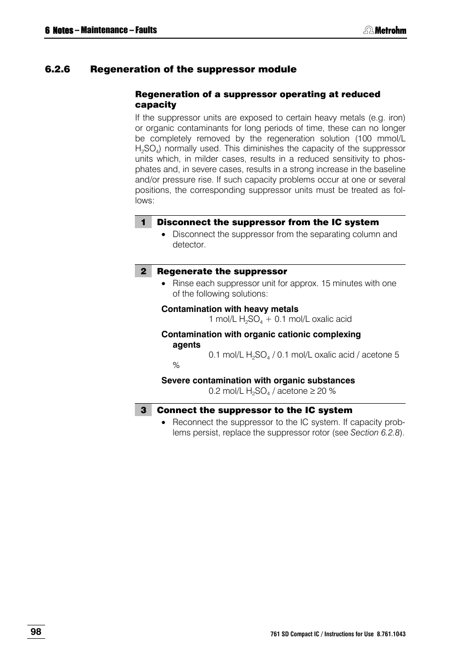 6 regeneration of the suppressor module, Regeneration of the suppressor module, Ction 6.2.6 ), cleaned | Metrohm 761 SD Compact IC User Manual | Page 106 / 135