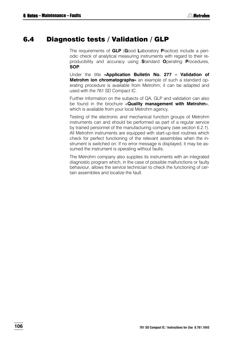 4 diagnostic tests / validation / glp, Diagnostic tests / validation / glp | Metrohm 761 SD Compact IC User Manual | Page 114 / 135