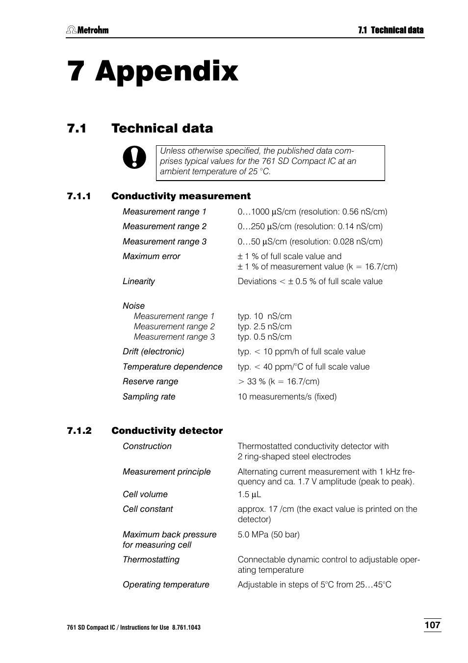 7 appendix, 1 technical data, 1 conductivity measurement | 2 conductivity detector, Appendix, Technical data, Conductivity measurement, Conductivity detector, N 7 appendix | Metrohm 761 SD Compact IC User Manual | Page 115 / 135