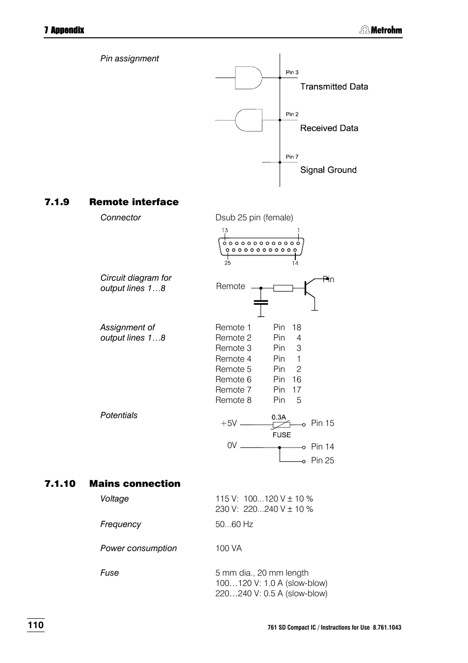 9 remote interface, 10 mains connection, Remote interface | Mains connection | Metrohm 761 SD Compact IC User Manual | Page 118 / 135