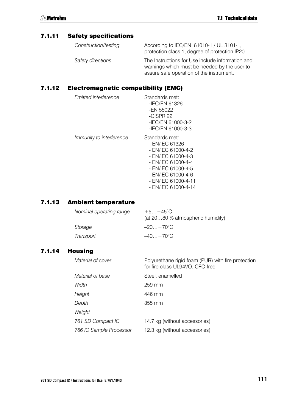 11 safety specifications, 12 electromagnetic compatibility (emc), 13 ambient temperature | 14 housing | Metrohm 761 SD Compact IC User Manual | Page 119 / 135