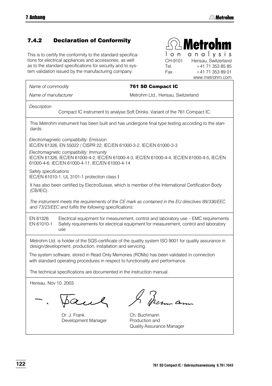 2 declaration of conformity | Metrohm 761 SD Compact IC User Manual | Page 130 / 135