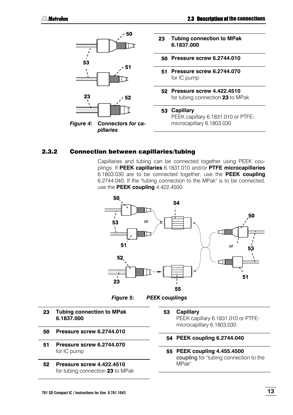 2 connection between capillaries/tubing, Connection between capillaries/tubing, Figure 4 | Connectors for capillaries, Figure 5, Peek couplings, Peek coupling 6.2744.040, Peek coupling 4.455.4500, Screw (50, 51 or 52), as, Shown in figure 4 onto the capillary 53 | Metrohm 761 SD Compact IC User Manual | Page 21 / 135