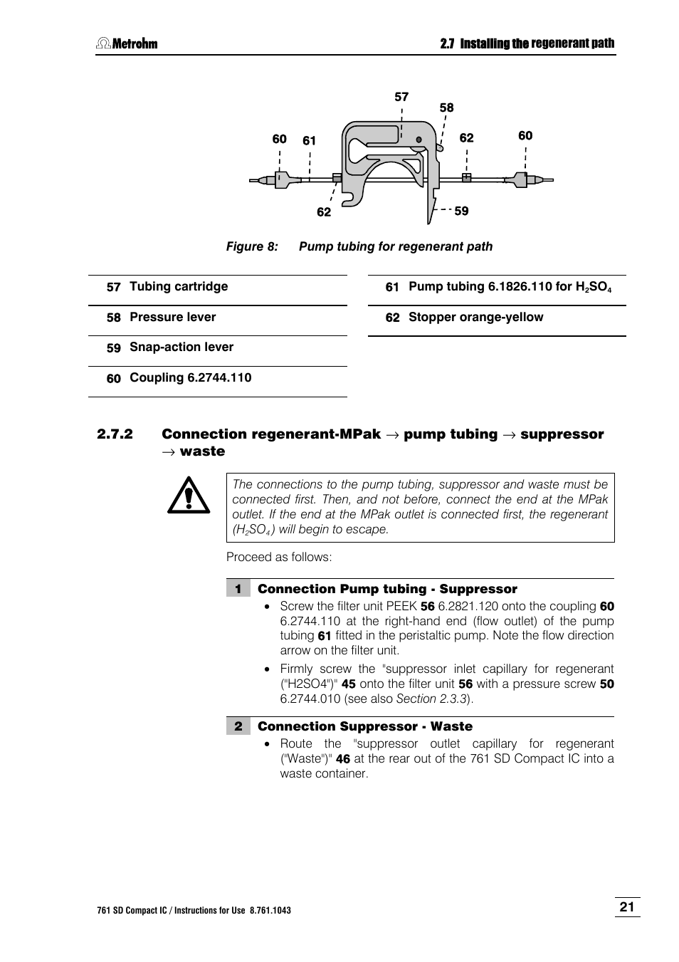 Connection regenerant-mpak, Pump tubing, Suppressor | Waste, Figure 8, Pump tubing for regenerant path, Pump tubing 6.1826.110, N 2.7.2 ), Ng cartridges 57 above, 59 on | Metrohm 761 SD Compact IC User Manual | Page 29 / 135