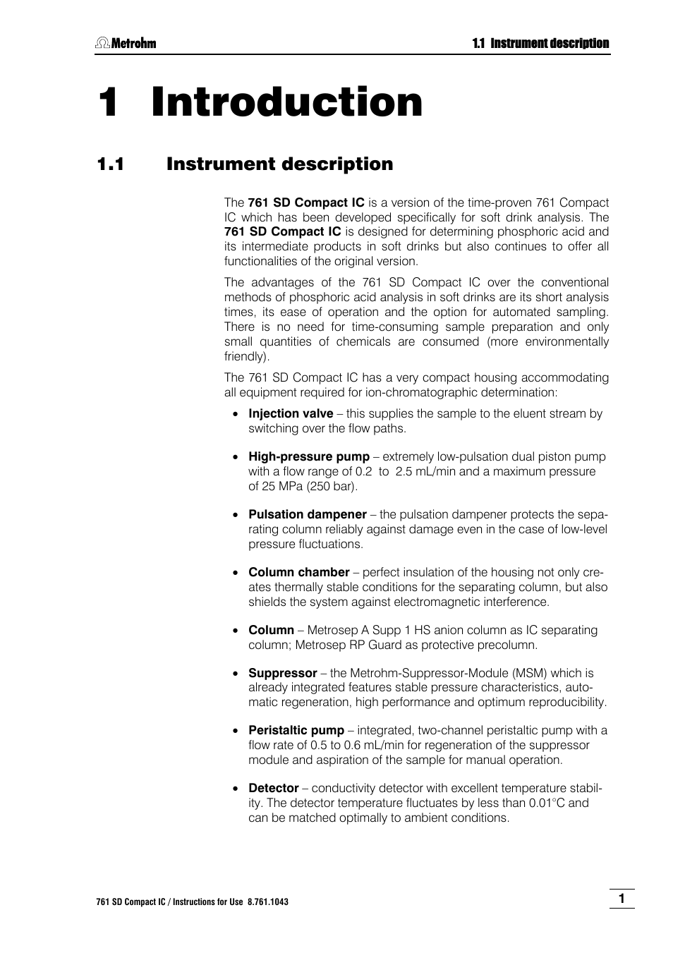 1 introduction, 1 instrument description, Introduction | Instrument description | Metrohm 761 SD Compact IC User Manual | Page 9 / 135