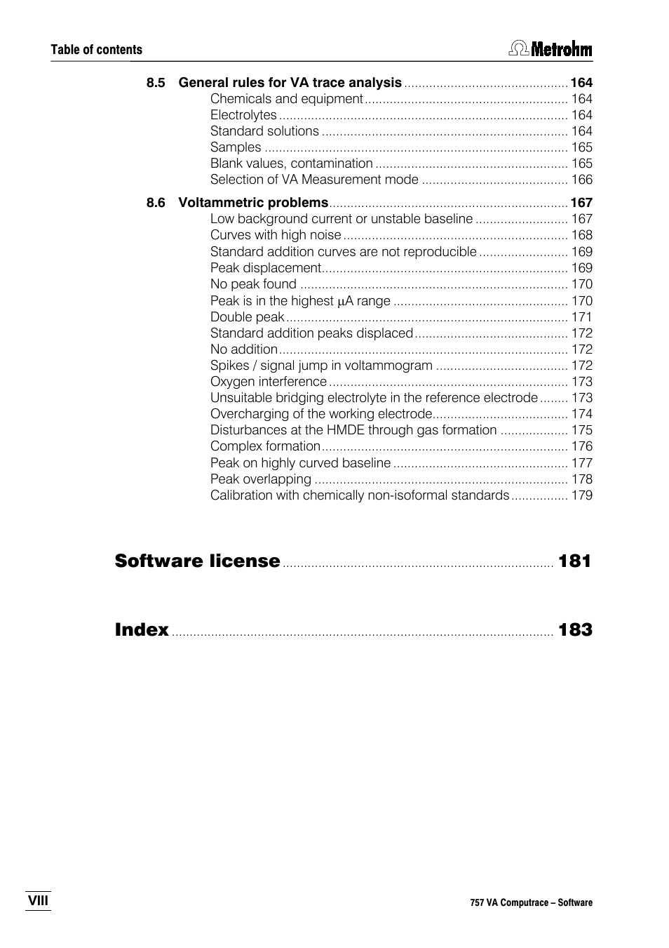 Software license, 181 index | Metrohm 757 VA Computrace User Manual | Page 10 / 198