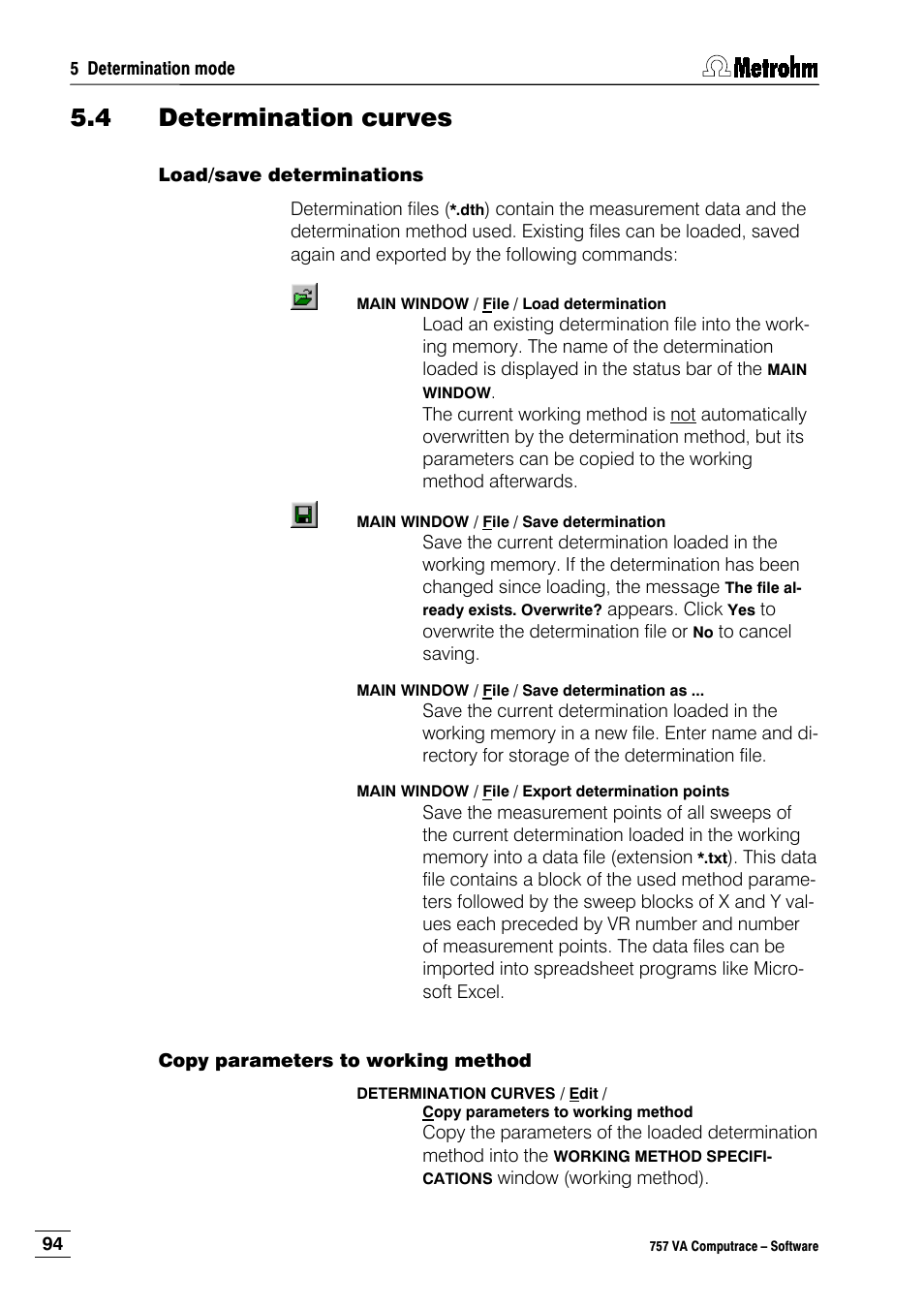 4 determination curves, Load/save determinations, Copy parameters to working method | Metrohm 757 VA Computrace User Manual | Page 104 / 198