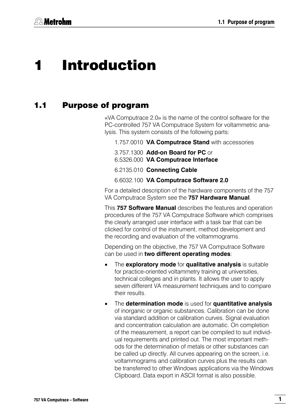 1 introduction, 1 purpose of program | Metrohm 757 VA Computrace User Manual | Page 11 / 198