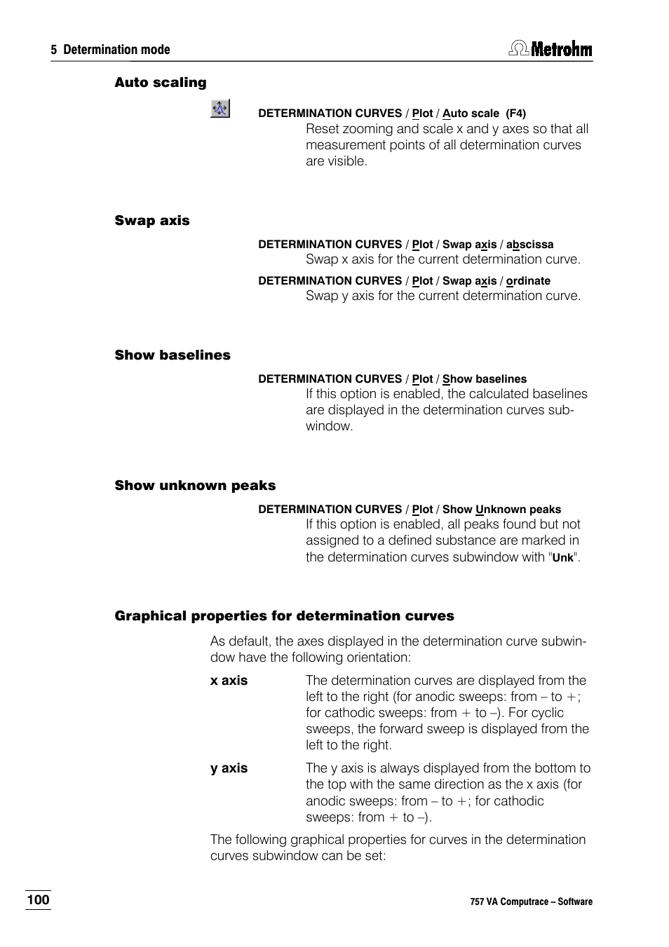 Auto scaling, Swap axis, Show baselines | Show unknown peaks, Graphical properties for determination curves | Metrohm 757 VA Computrace User Manual | Page 110 / 198