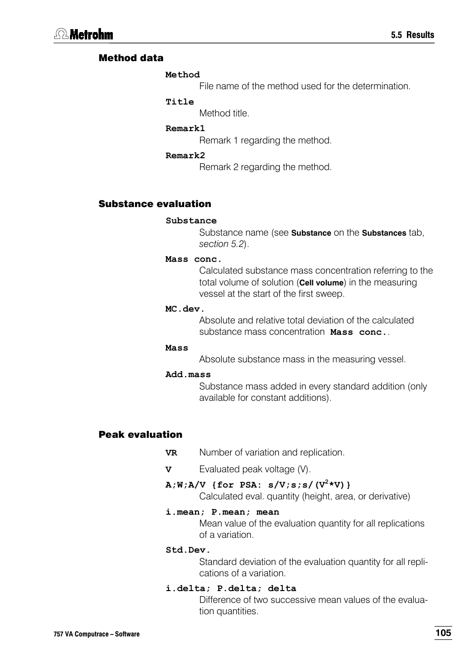 Method data, Substance evaluation, Peak evaluation | Metrohm 757 VA Computrace User Manual | Page 115 / 198