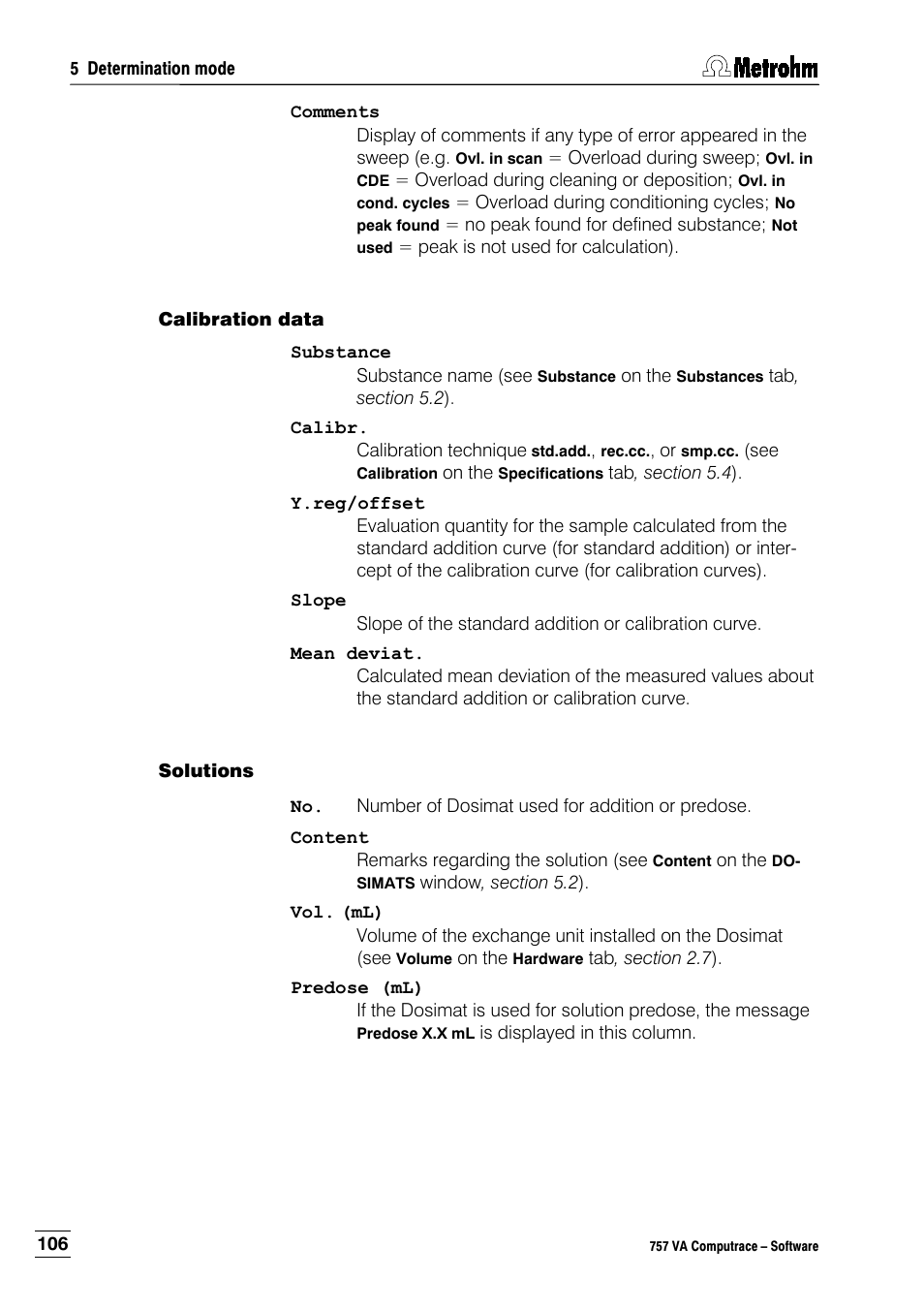 Calibration data, Solutions | Metrohm 757 VA Computrace User Manual | Page 116 / 198