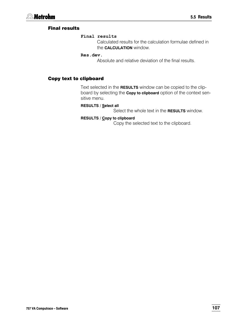 Final results, Copy text to clipboard | Metrohm 757 VA Computrace User Manual | Page 117 / 198