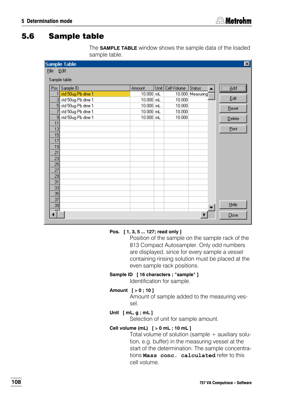 6 sample table | Metrohm 757 VA Computrace User Manual | Page 118 / 198