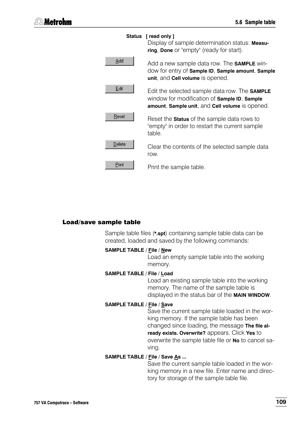 Load/save sample table | Metrohm 757 VA Computrace User Manual | Page 119 / 198