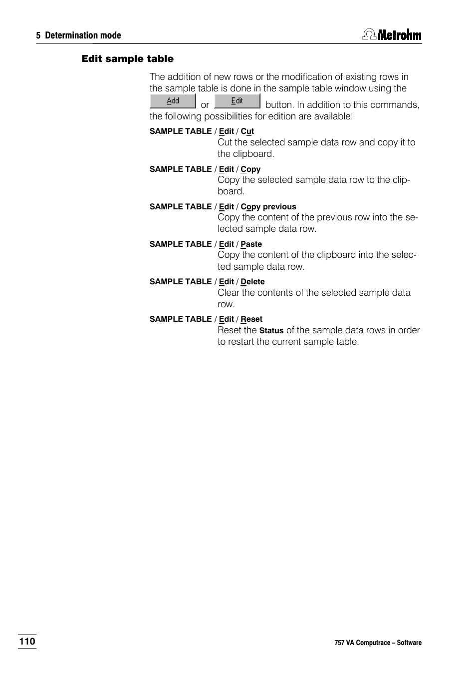 Edit sample table | Metrohm 757 VA Computrace User Manual | Page 120 / 198