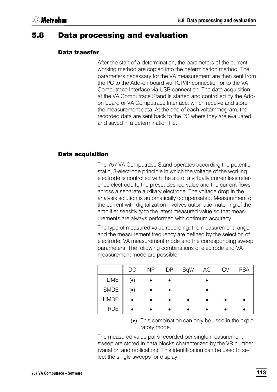 8 data processing and evaluation, Data transfer, Data acquisition | Metrohm 757 VA Computrace User Manual | Page 123 / 198