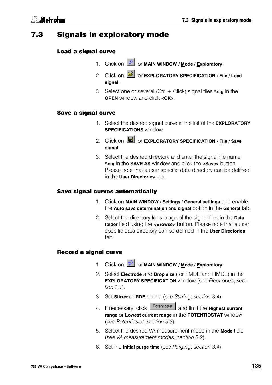 3 signals in exploratory mode, Load a signal curve, Save a signal curve | Save signal curves automatically, Record a signal curve | Metrohm 757 VA Computrace User Manual | Page 145 / 198