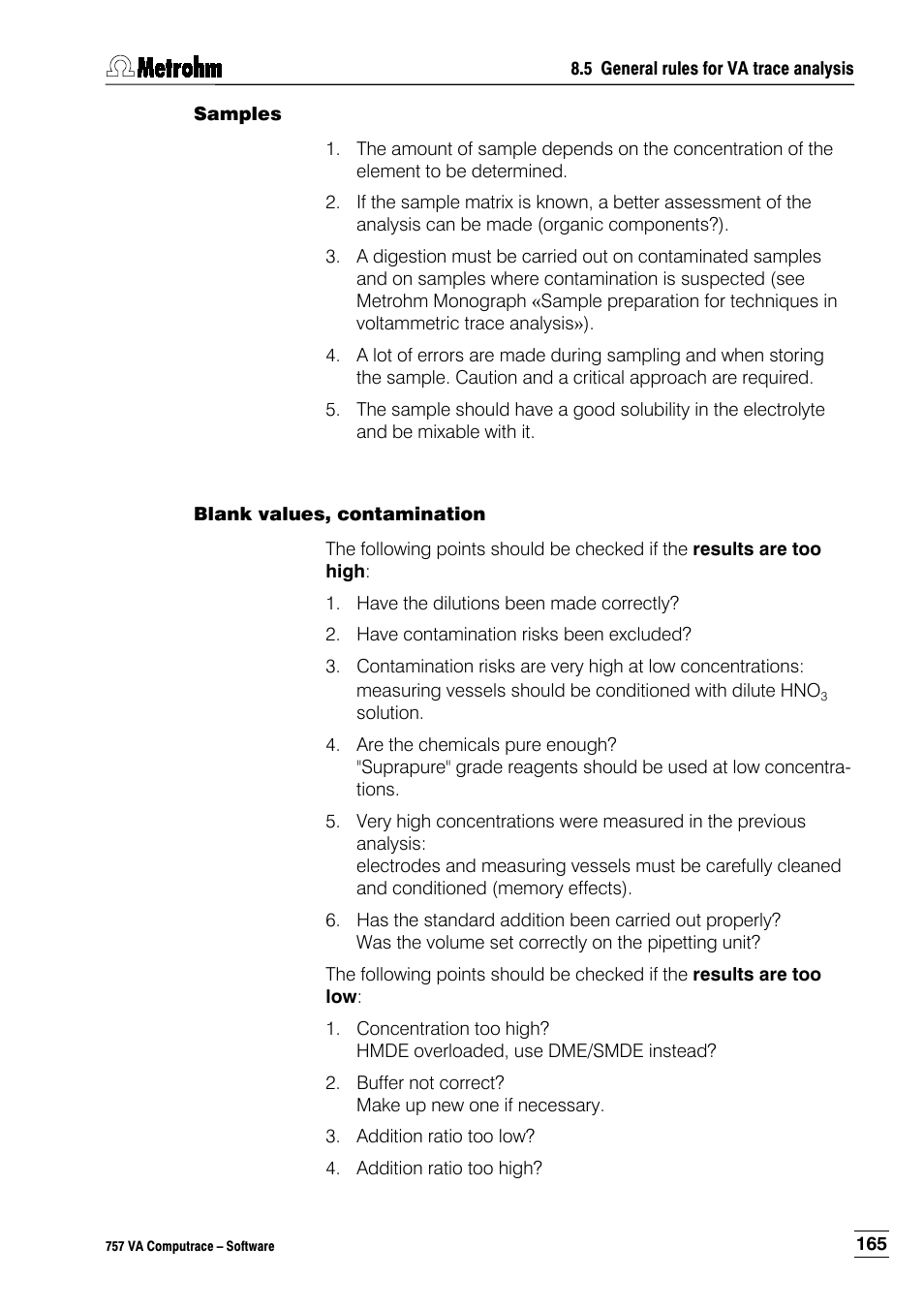 Samples, Blank values, contamination | Metrohm 757 VA Computrace User Manual | Page 175 / 198