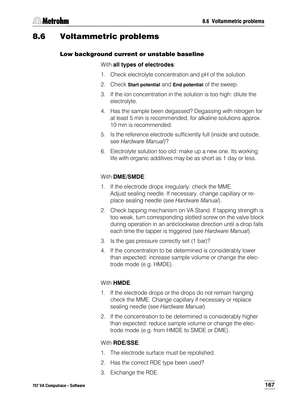 6 voltammetric problems, Low background current or unstable baseline | Metrohm 757 VA Computrace User Manual | Page 177 / 198