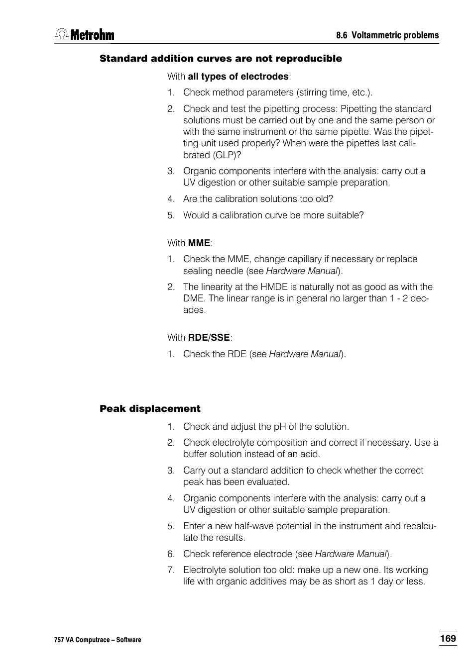Standard addition curves are not reproducible, Peak displacement | Metrohm 757 VA Computrace User Manual | Page 179 / 198