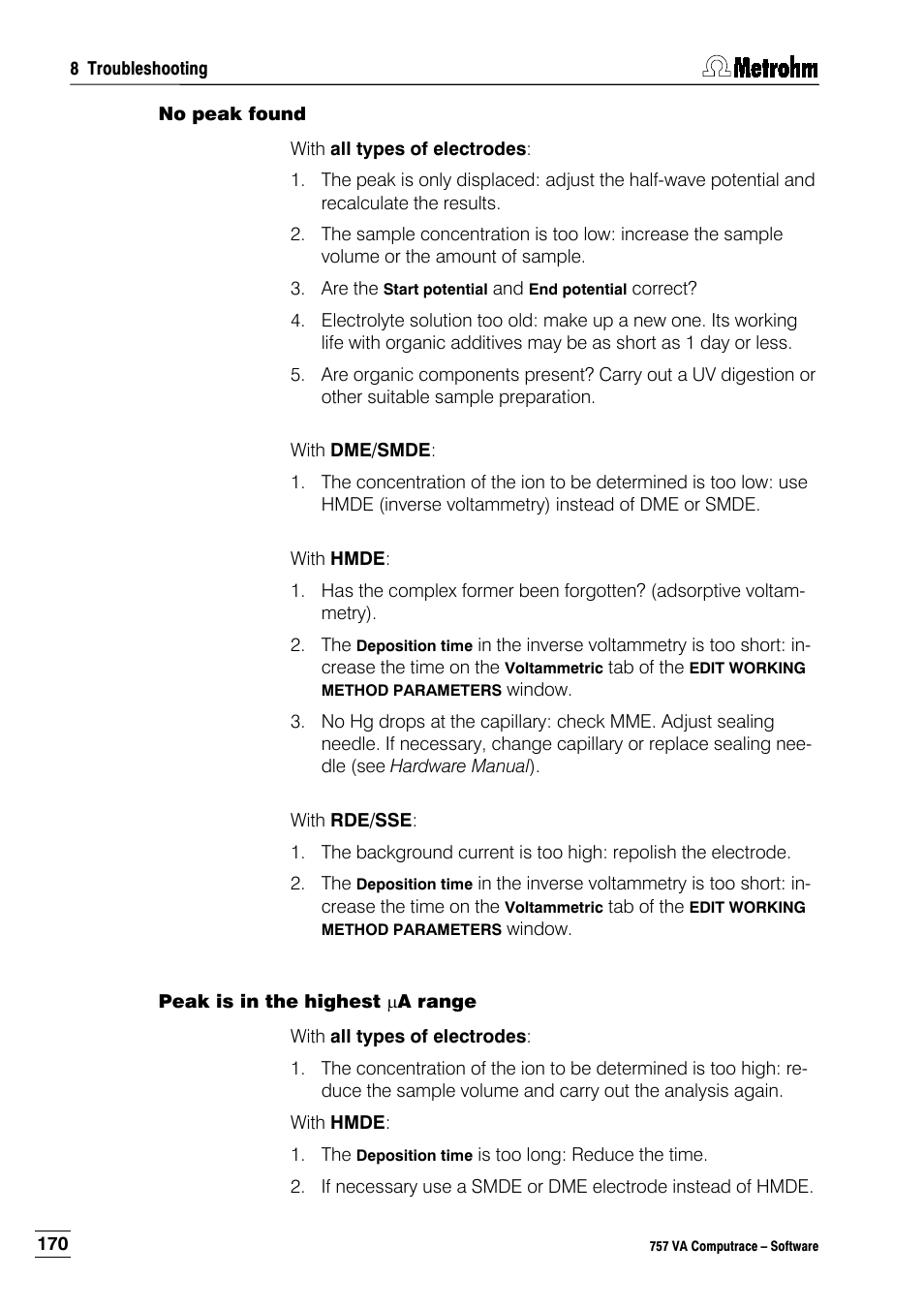 No peak found, Peak is in the highest ua range | Metrohm 757 VA Computrace User Manual | Page 180 / 198