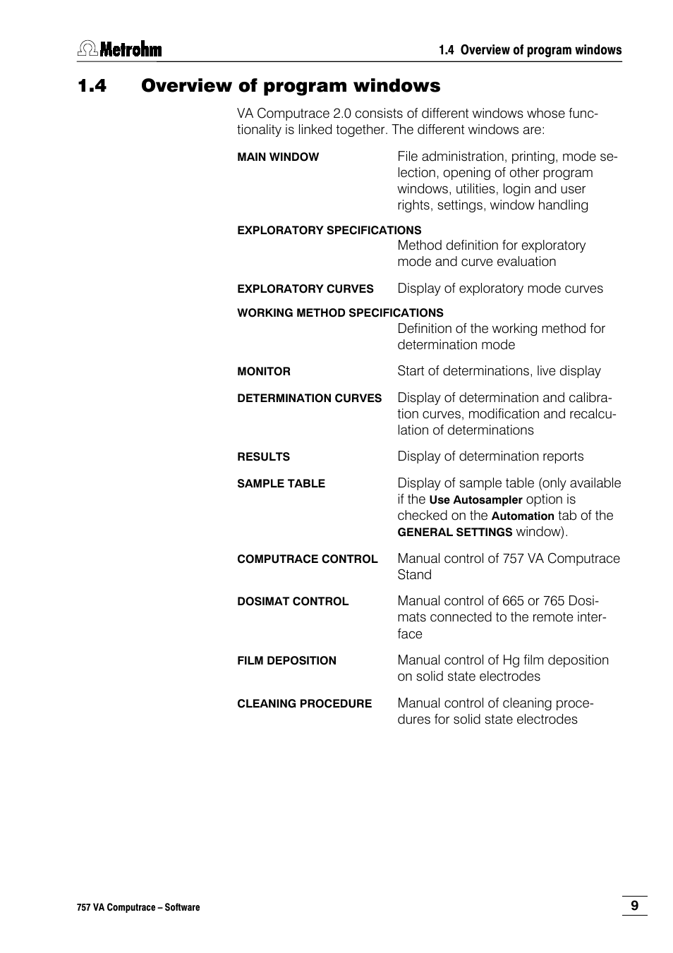 4 overview of program windows | Metrohm 757 VA Computrace User Manual | Page 19 / 198