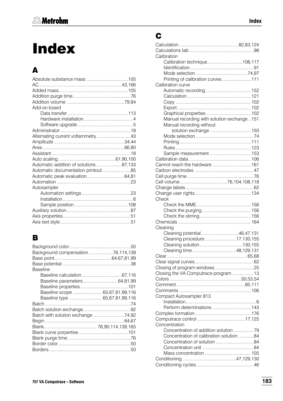 Index | Metrohm 757 VA Computrace User Manual | Page 193 / 198
