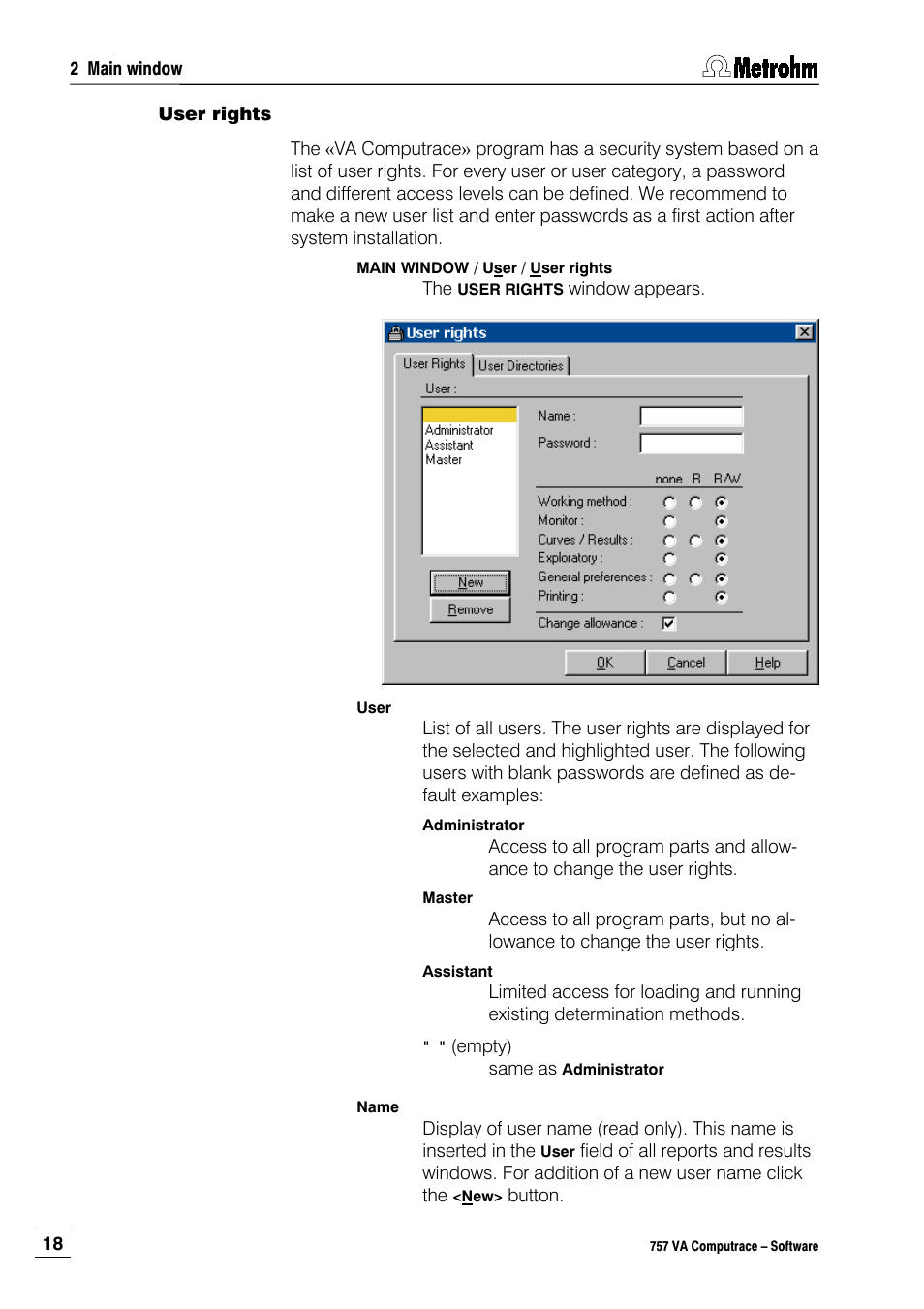 User rights | Metrohm 757 VA Computrace User Manual | Page 28 / 198