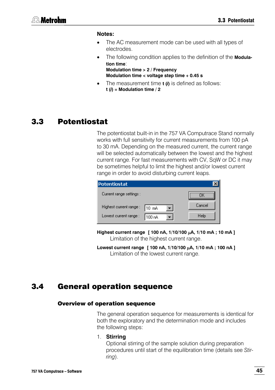 3 potentiostat, 4 general operation sequence, Overview of operation sequence | Metrohm 757 VA Computrace User Manual | Page 55 / 198