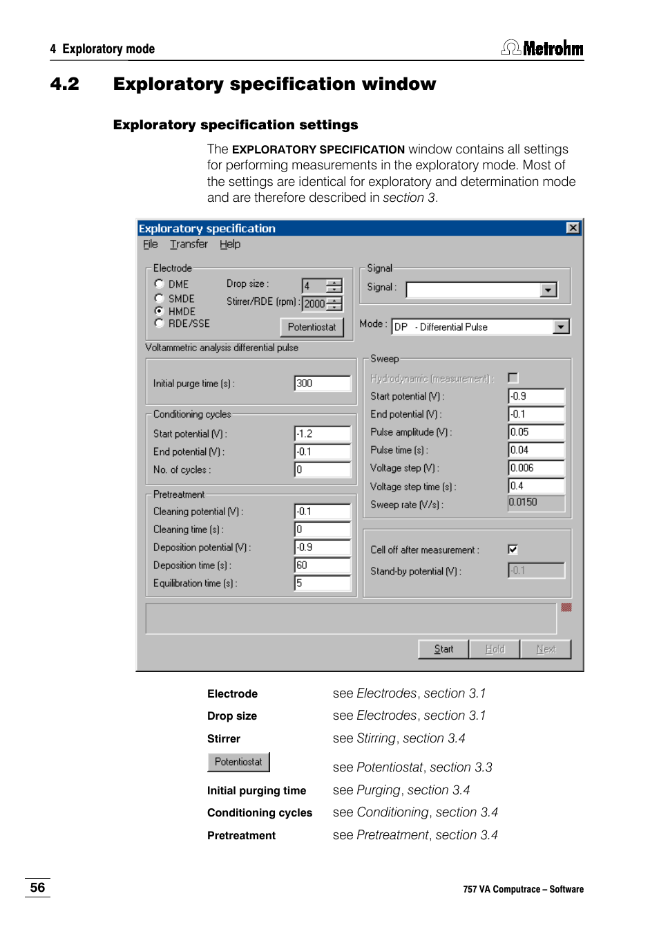 2 exploratory specification window, Exploratory specification settings | Metrohm 757 VA Computrace User Manual | Page 66 / 198