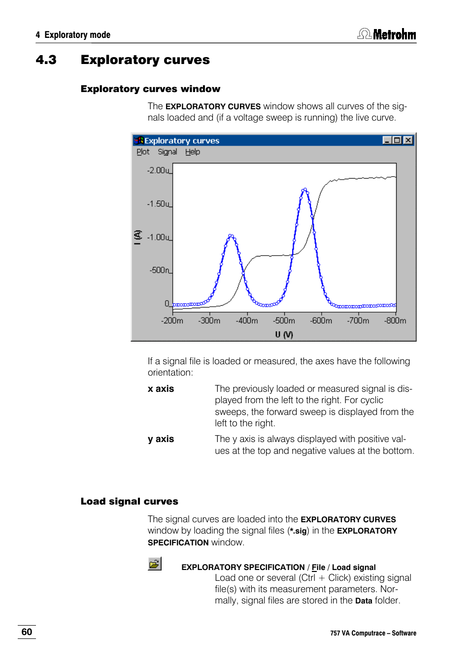 3 exploratory curves, Exploratory curves window, Load signal curves | Metrohm 757 VA Computrace User Manual | Page 70 / 198